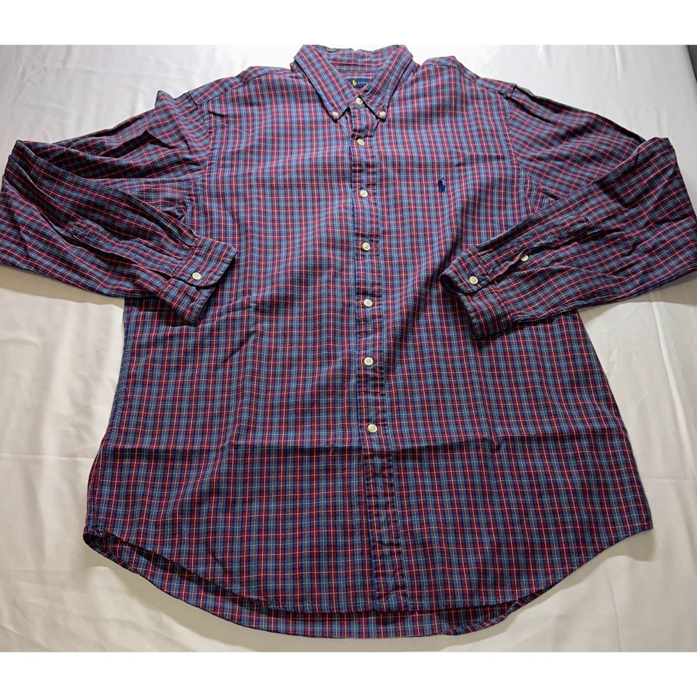 Ralph Lauren Button Down Shirt Men XL Blue Red Plaid Long Sleeve Preppy